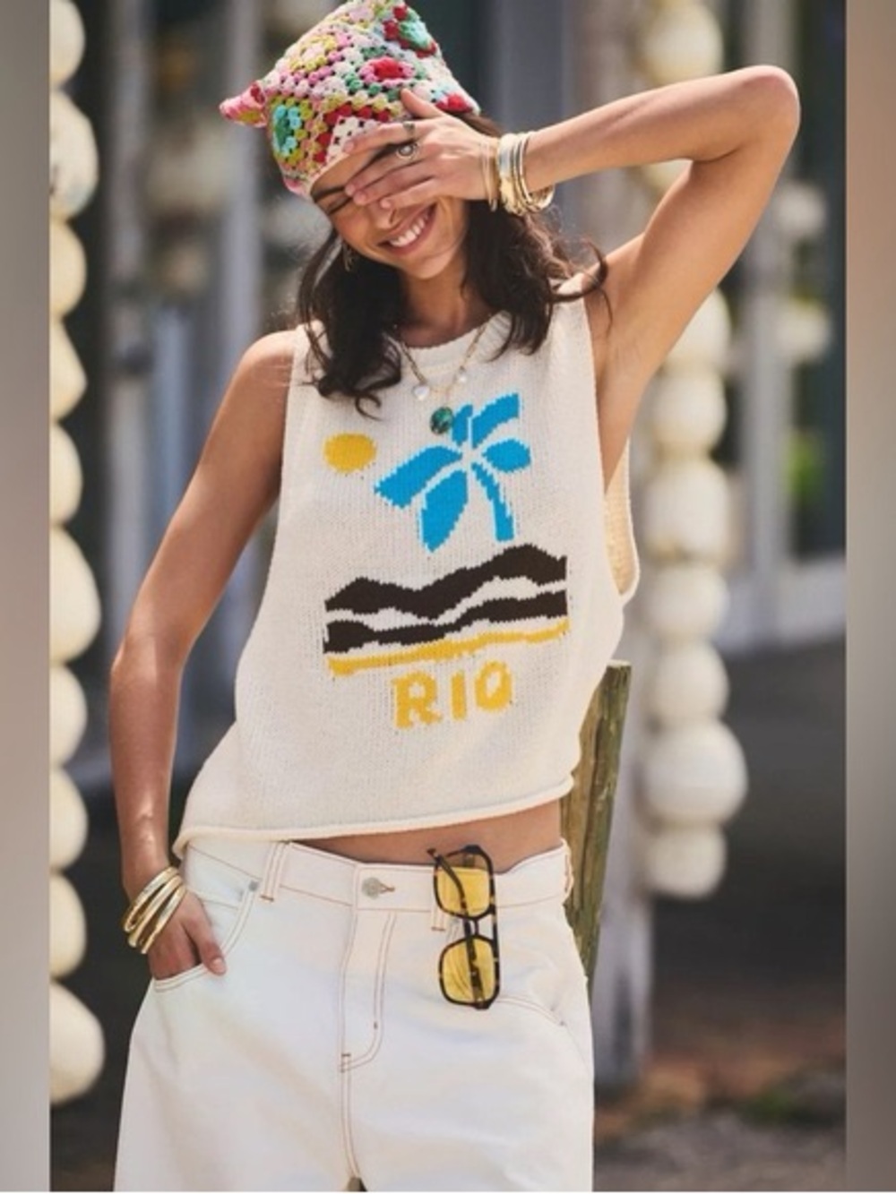 BDG Cream Knit Rio Graphic Tank with Blue Palm XS
